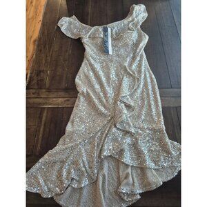 Dalia MacPhee Silver Sequin Off-Shoulder Ruffled Gown XL